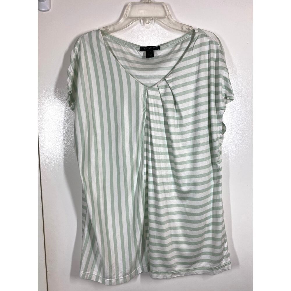 St. John Cap Sleeve V Neck White & Mint Green Stripes Top Blouse SMALL - Picture 2 of 7